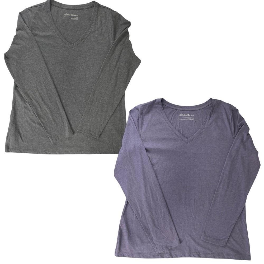 Eddie Bauer Womens Set of 2 Long Sleeve V Neck Tees Shirts Size Large